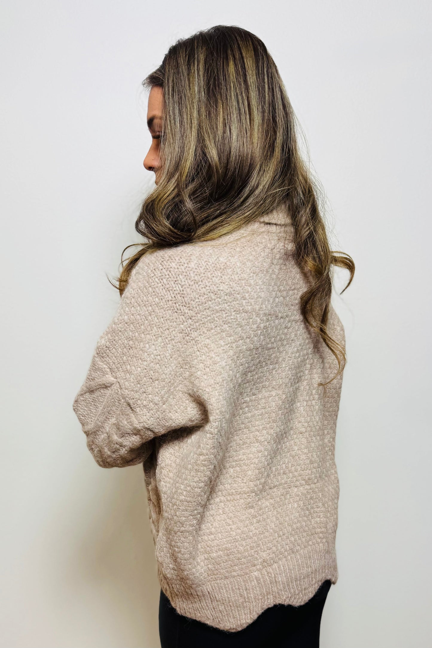 Turtle Neck Cable Knit Scallop Hem Sweater