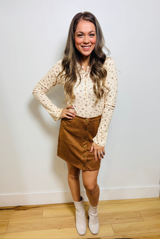 Ditsy Print Pointelle Knit Bell Sleeve Bodysuit