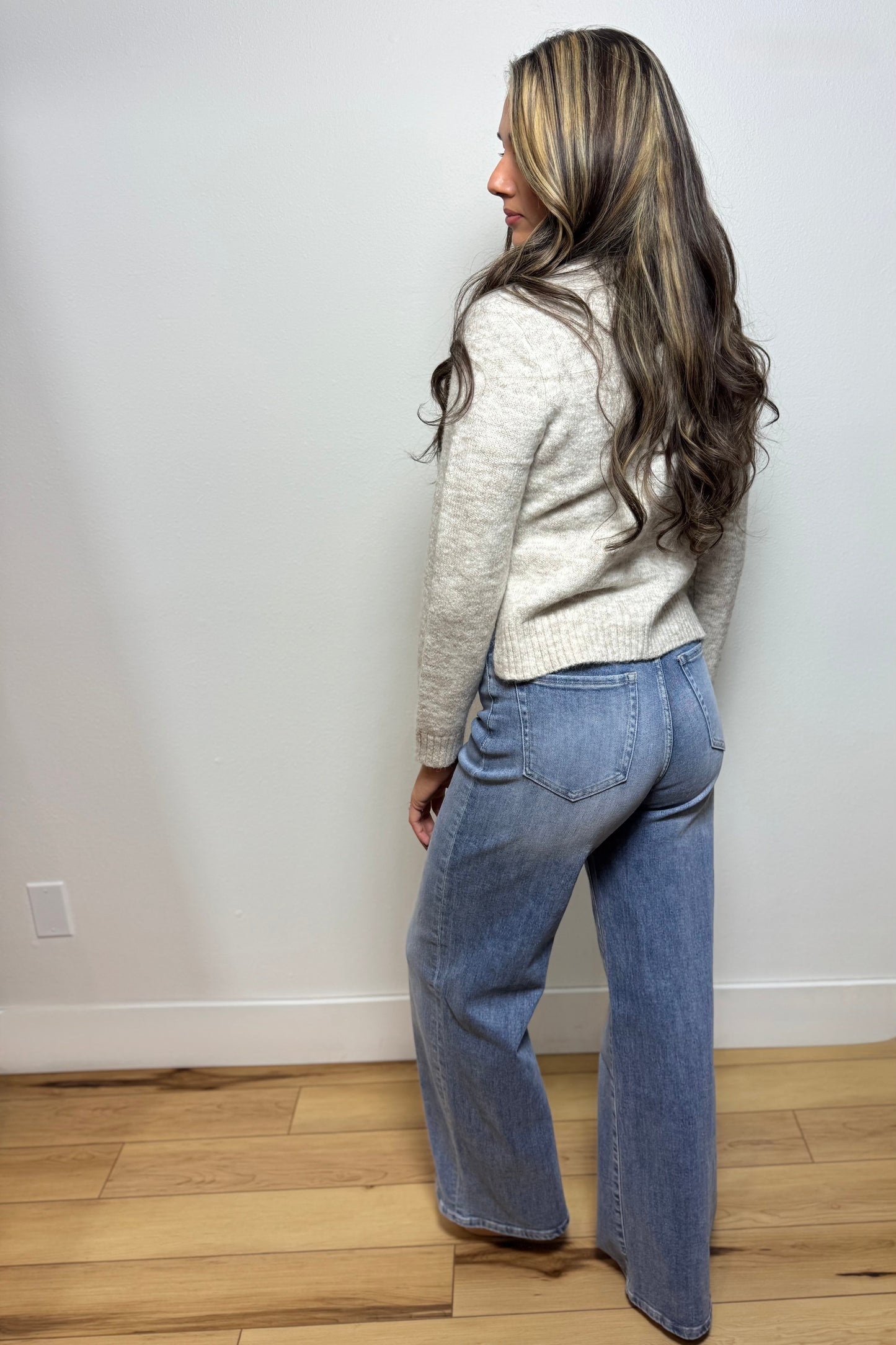 Stretch High Rise Tie Waist Wide Leg Denim Pants