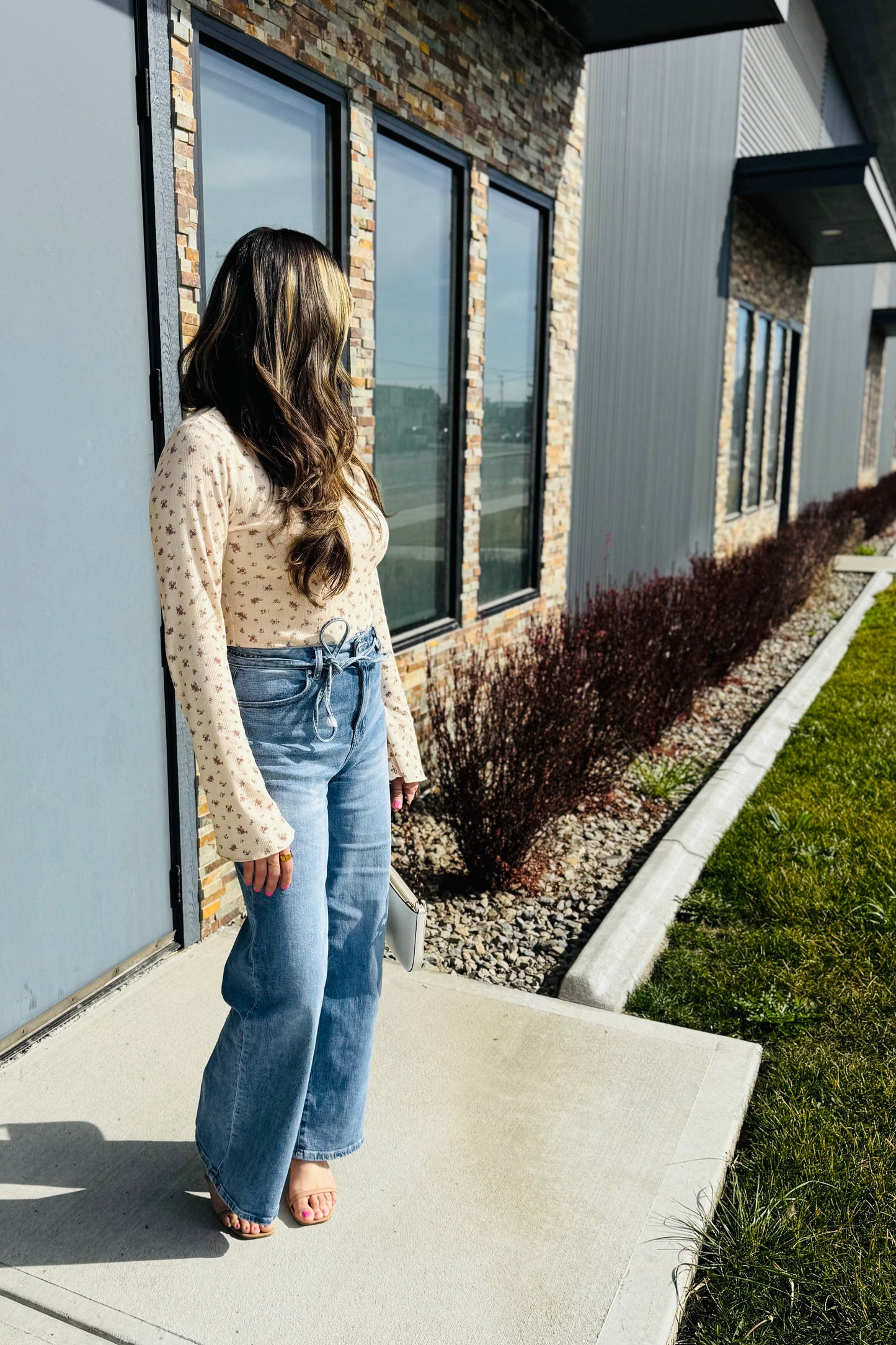 Ditsy Print Pointelle Knit Bell Sleeve Bodysuit