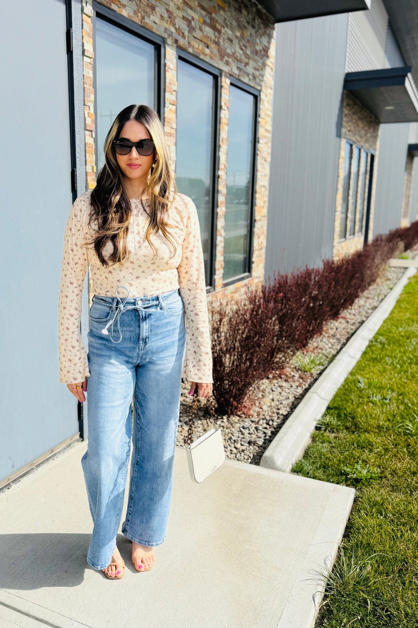 Ditsy Print Pointelle Knit Bell Sleeve Bodysuit